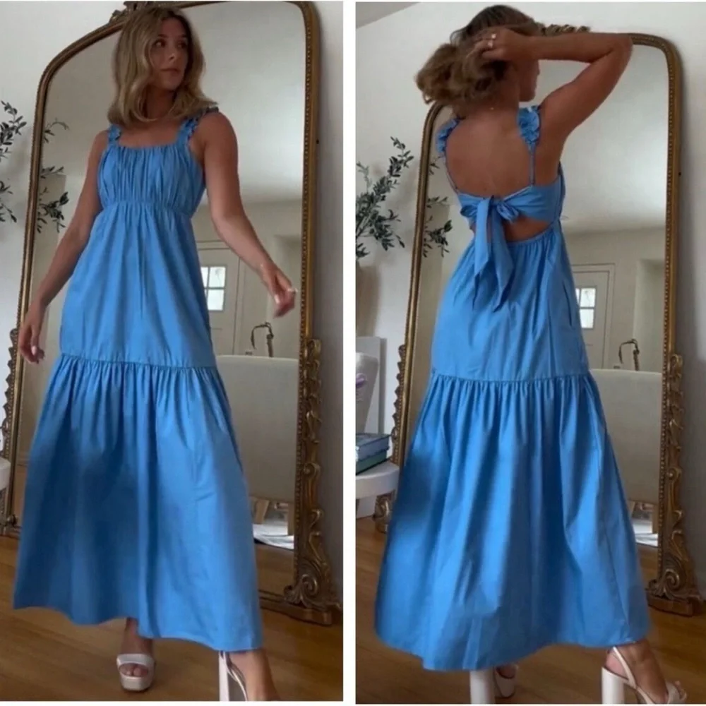NEW Abercrombie & Fitch poplin bow back ruffle strap maxi dress XS